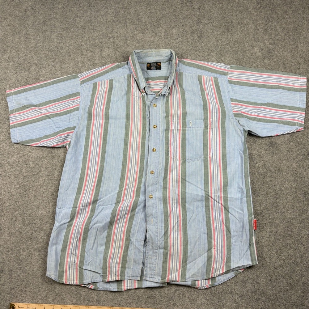 Y2K Colo Button Up Shirt Mens Large Blue Striped Short Sleeve Cotton 90s Casual